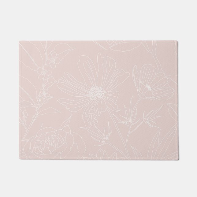 Trendy White Flowers outlines Blush Pink design Doormat (Front)