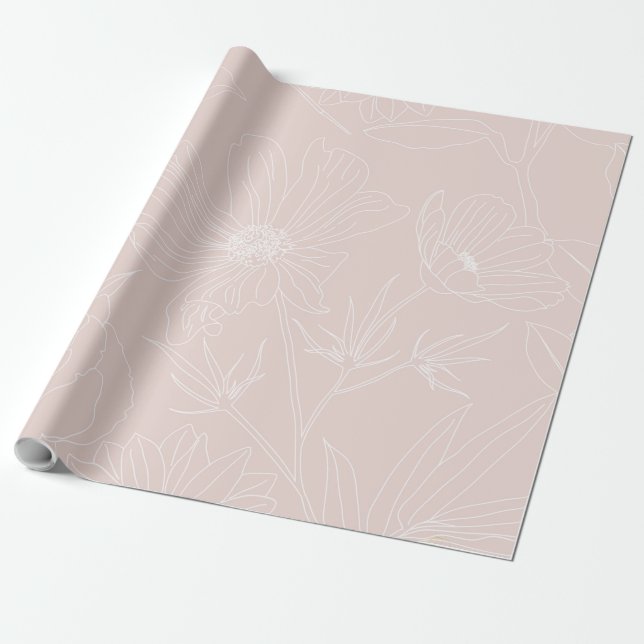 Trendy White Flowers outlines Blush Pink design Wrapping Paper (Unrolled)