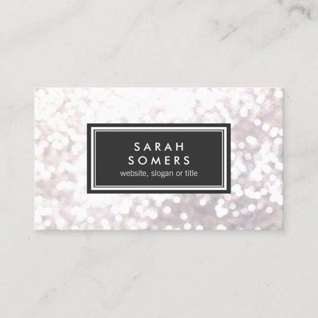 Trendy White Glitter Bokeh Stylish Black Plaque Business Card (Front)