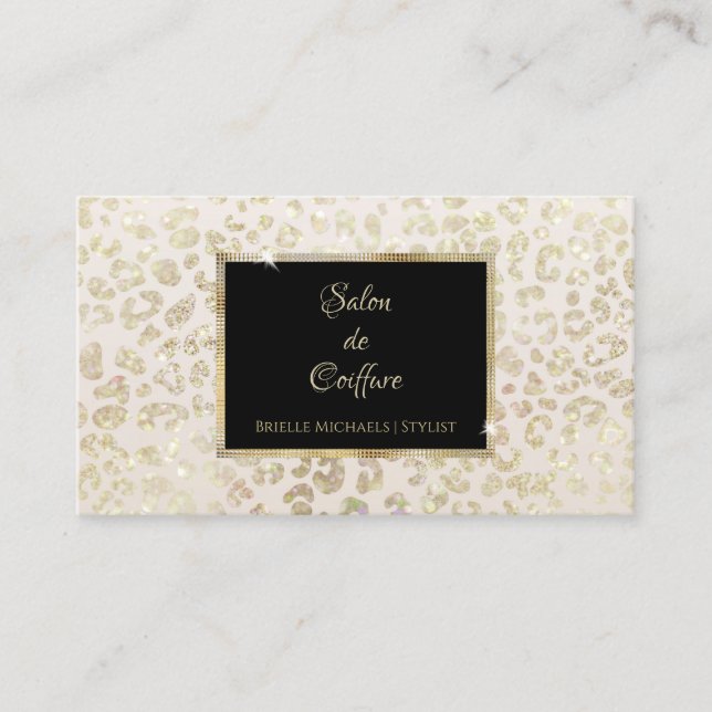 Trendy White Gold Glitter Leopard Print Hair Salon Business Card (Front)