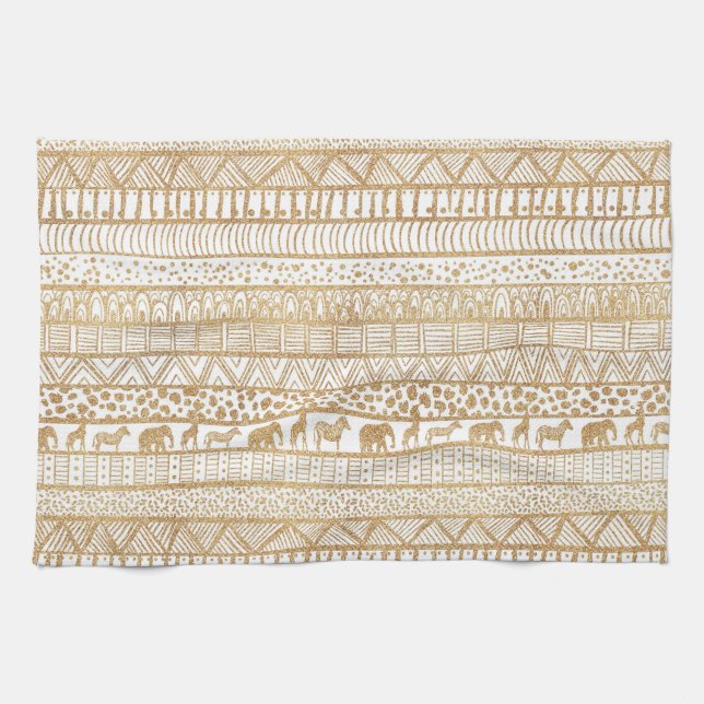 Trendy White Gold Tribal African Pattern Tea Towel (Horizontal)