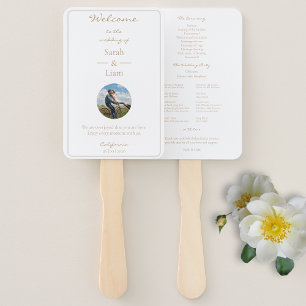 Trendy White & Golden Couple Photo Wedding Program Hand Fan