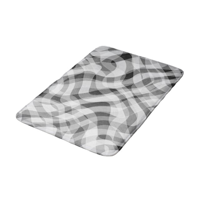 Trendy White Grey Black Retro Wavy Stripes Pattern Bath Mat (Angled)