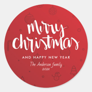 Trendy White Lettering Red Merry Christmas Classic Round Sticker