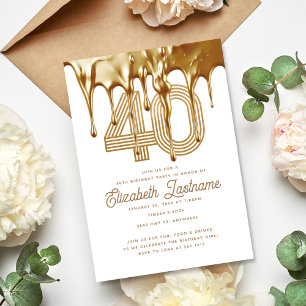 Trendy White Liquid Gold Drip 40th Birthday Invitation