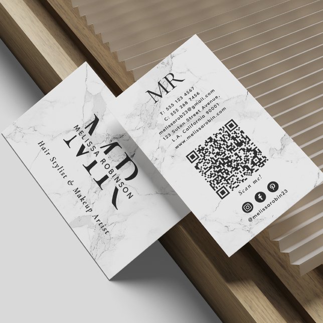 Trendy White Marble Makeup Artist Monogram QR Code Business Card (Creator Uploaded)