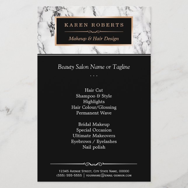 Trendy White Marble Makeup & Hair Beauty Salon Flyer (Front)