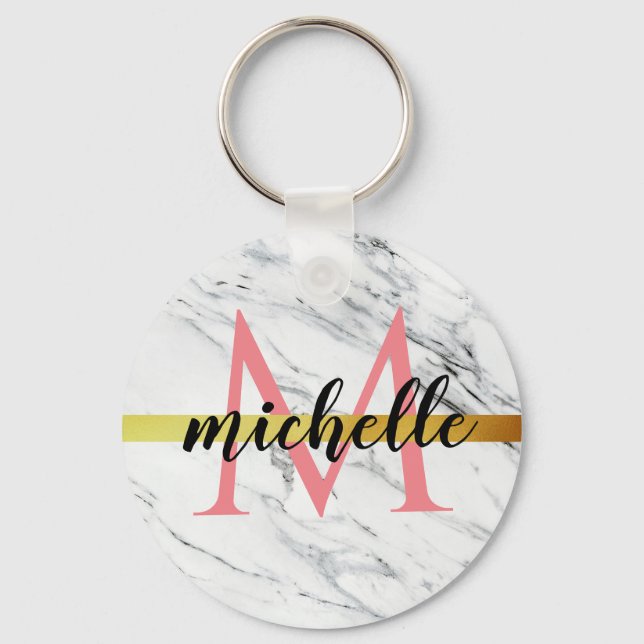 trendy white marble monogram key ring (Front)