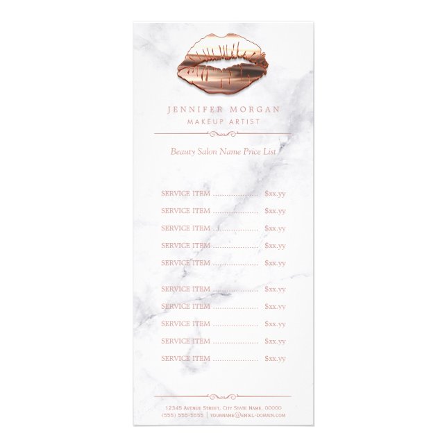 Trendy White Marble Rose Gold Lips Price List Rack Card (Front)