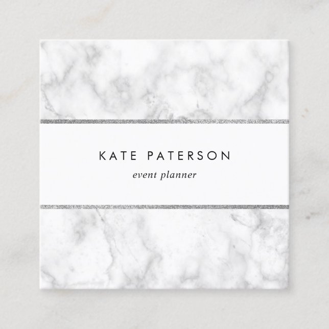 Trendy White Marble Silver Glitter Stripes Square Business Card (Front)