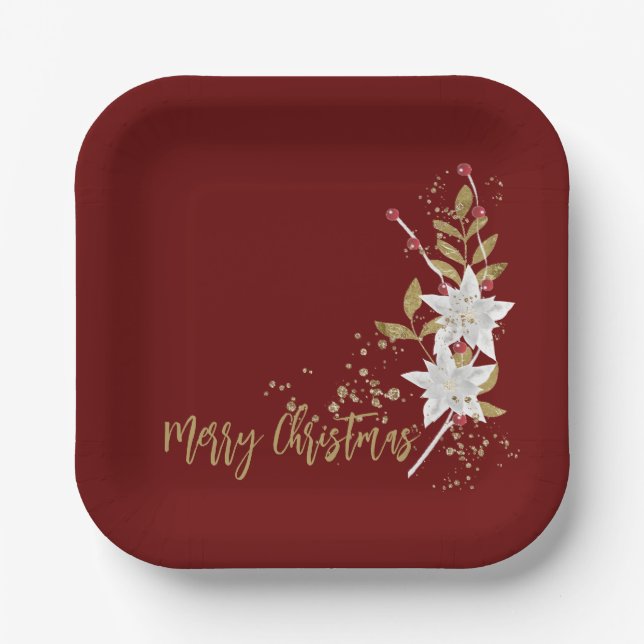 Trendy White Poinsettia Burgundy Gold Glitter Paper Plate (Front)
