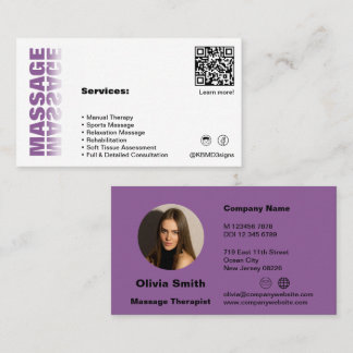 Trendy White & Purple Massage Business Card