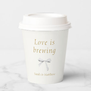 Trendy White Ribbon   Love is Brewing Wedding Paper Cups