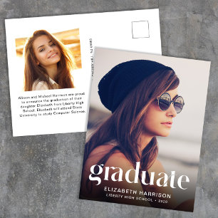 Trendy White Typography Photo Graduation Announcement Postcard