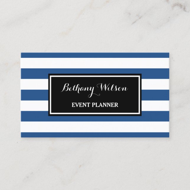 Trendy Wide Blue and White Stripes Event Planner Business Card (Front)