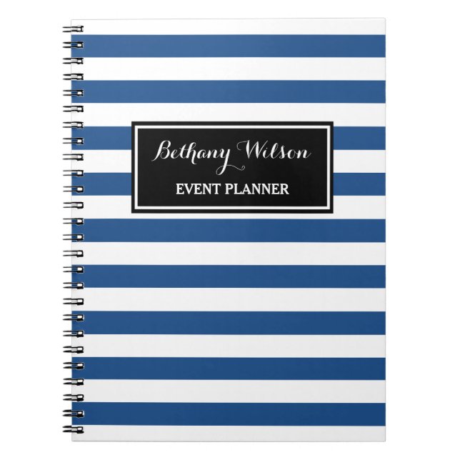 Trendy Wide Blue and White Stripes Event Planner Spiral Notebook (Front)