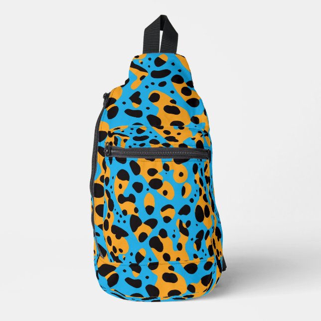 Trendy Wild Blue Orange Black Leopard Spot Name Sling Bag (Front)