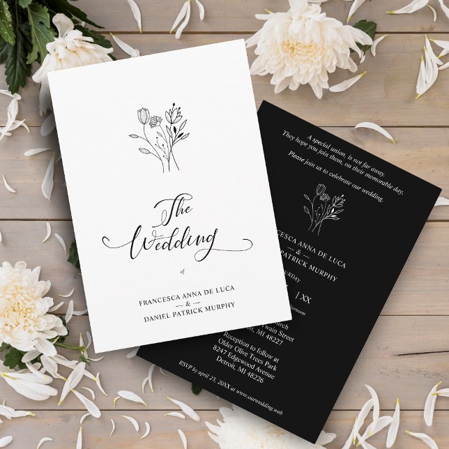 Trendy Wildflowers Bouquet Wedding Black & White Invitation (Creator Uploaded)