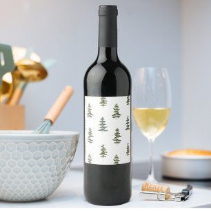 Trendy Winter Christmas Tree Pattern Wine Label