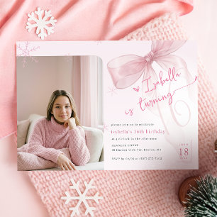 Trendy Winter Pink Bow Girl Photo 16th Birthday Invitation