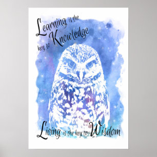 Trendy wise owl blue watercolor inspirational poster