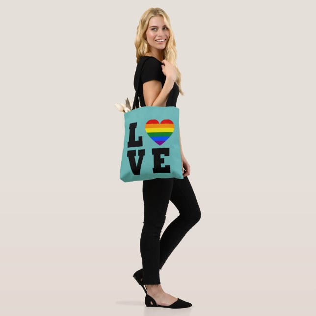 Trendy Womens Stacked Love Rainbow Blue Casual Tote Bag (On Model)