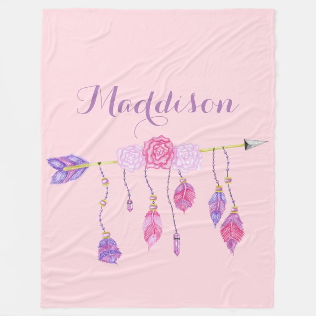 Trendy Women's Teen Girls Boho Arrow Feather Rose Fleece Blanket (Front)