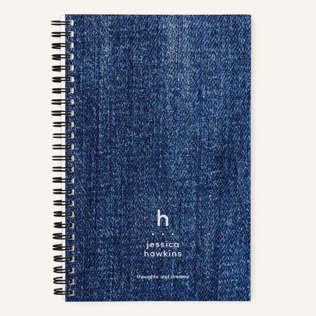Trendy Worn Blue Denim Modern Monogram Notebook (Front)