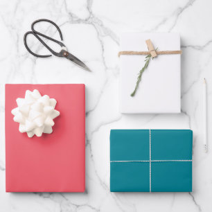 Trendy Xmas Pink Red White Teal Solid Colour Trio Wrapping Paper Sheet