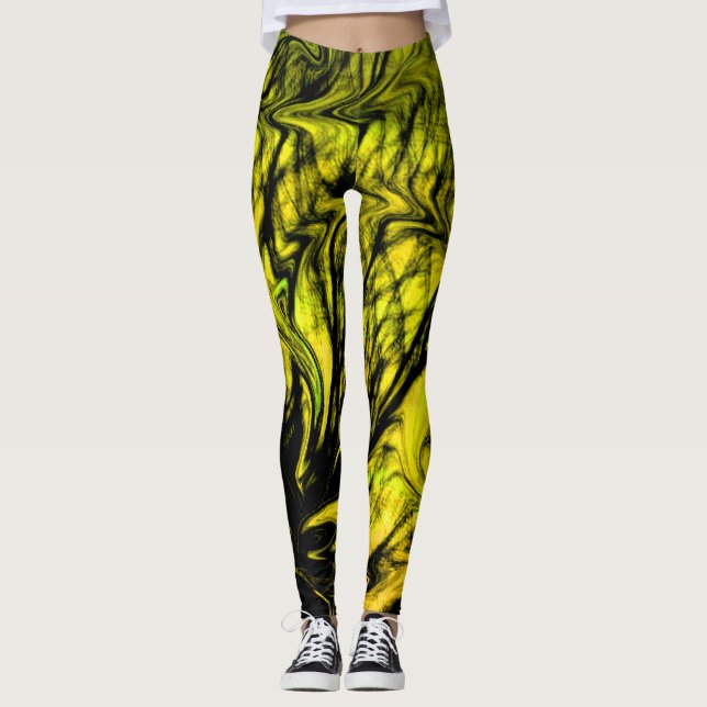 Trendy Yellow and Black Abstract Swirl Design Leggings (Front)