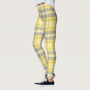 Trendy Yellow and Gray Madras Plaid Leggings