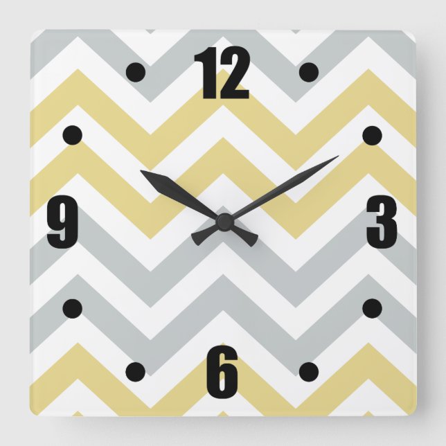 Trendy Yellow And Grey Chevron Pattern Square Wall Clock (Front)