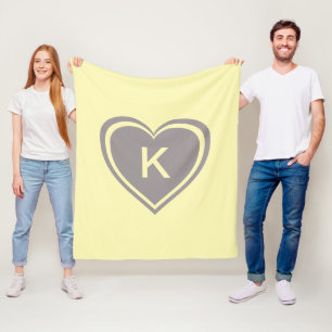 Trendy yellow and grey heart monogram Valentine`s Fleece Blanket