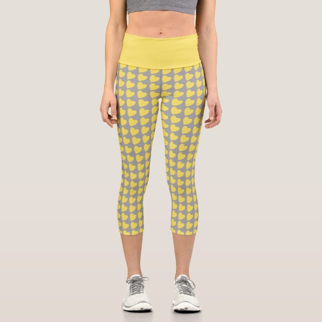 Trendy Yellow and Grey Heart Pattern Capri Leggings (Front)