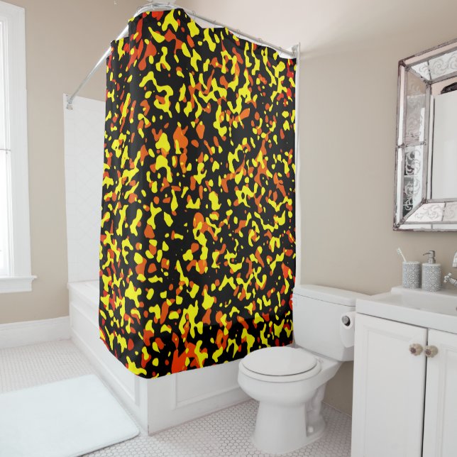 Trendy Yellow and Orange Camouflage Pattern Shower Curtain (In Situ)