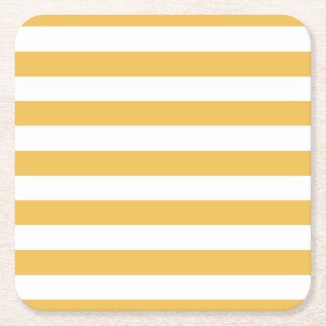 Trendy Yellow and White Wide Horizontal Stripes Square Paper Coaster (Front)