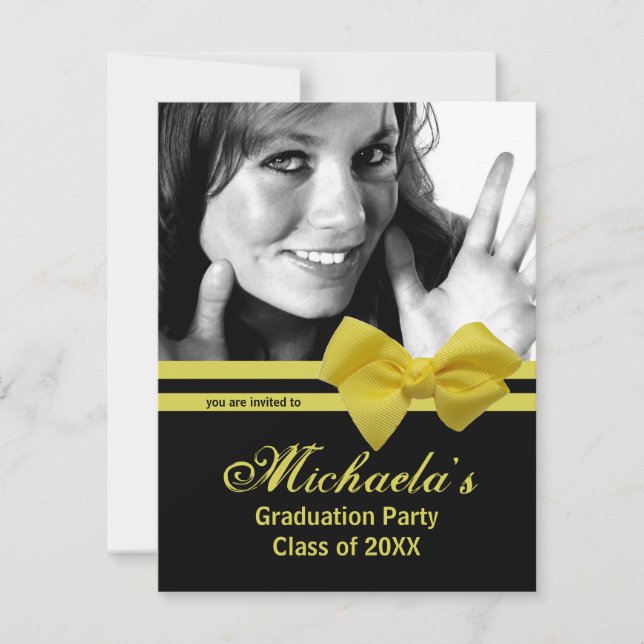 Trendy Yellow Bow Graduation Party Photo Invite 1 (Front)