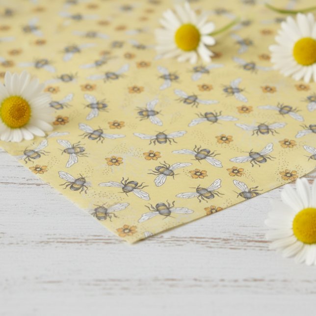 Trendy Yellow Buzzing Spring & Summer Honeybee  Tissue Paper (Fun Modern Floral Bee Tissue Paper. Yellow & Black Honey Bees & Daisy Flowers Vintage Insect Pattern)