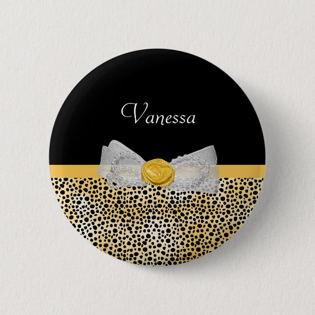 Trendy Yellow Cheetah Print Fancy Bow and Name 6 Cm Round Badge (Front)