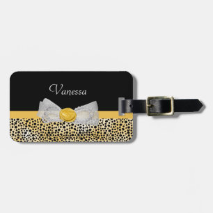 Trendy Yellow Cheetah Print Fancy Bow and Name Luggage Tag