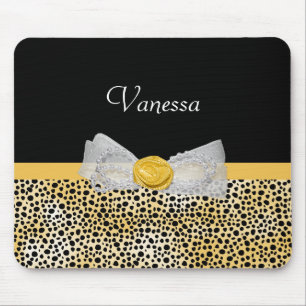 Trendy Yellow Cheetah Print Fancy Bow and Name Mouse Pad