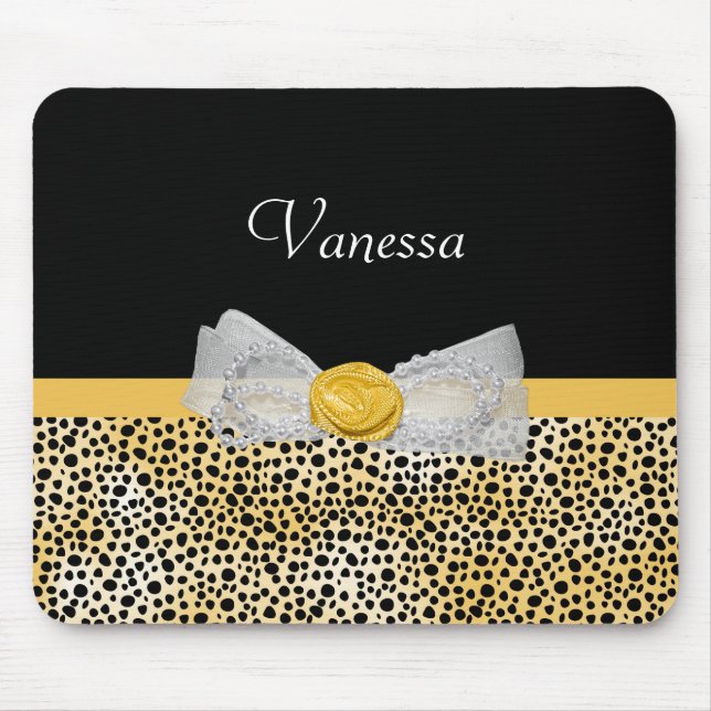 Trendy Yellow Cheetah Print Fancy Bow and Name Mouse Pad (Front)