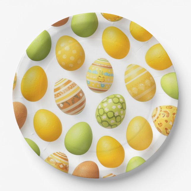 Trendy Yellow & Green Easter Eggs Pattern Paper P Plate (Front)