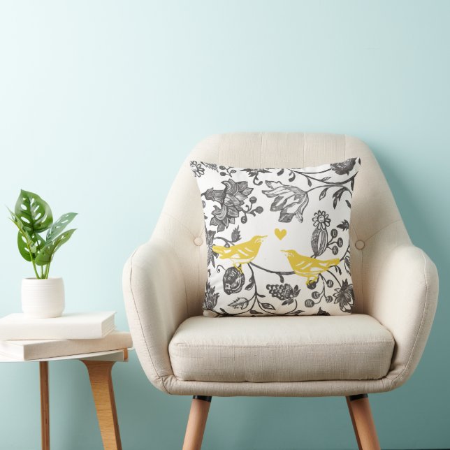 Trendy Yellow Grey and White Floral Bird Pattern Cushion (Chair)