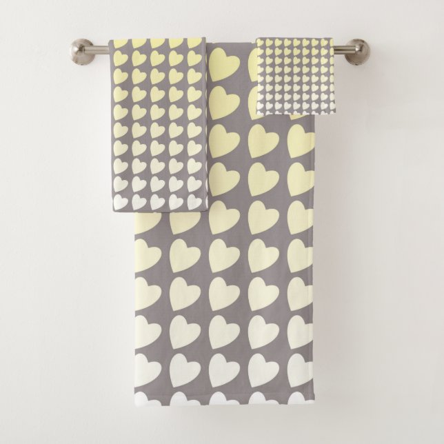 Trendy Yellow Grey Heart Pattern Gradient Bath Towel Set (Insitu)