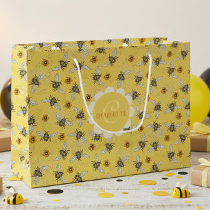Trendy Yellow Honeybee & Flowers Large Gift Bag