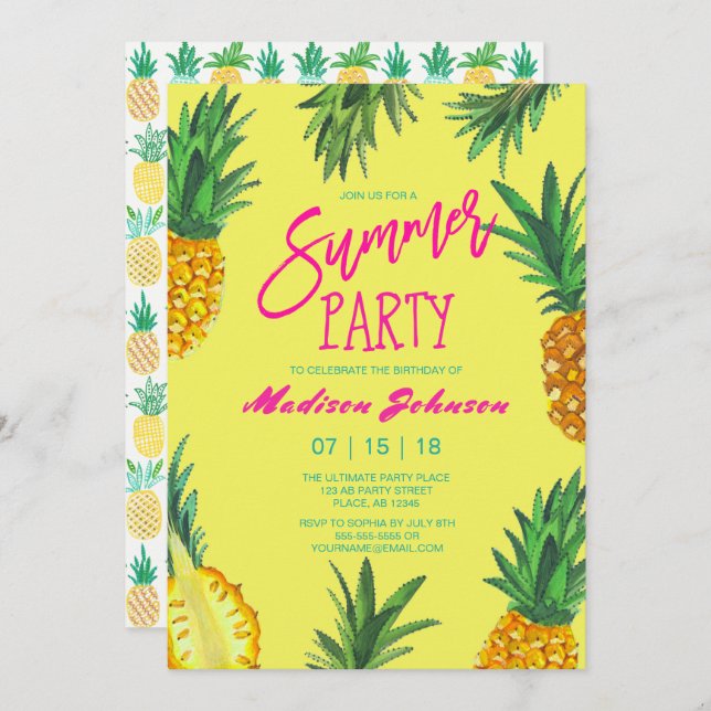 Trendy Yellow Summer Party | Pineapple Invitation (Front/Back)