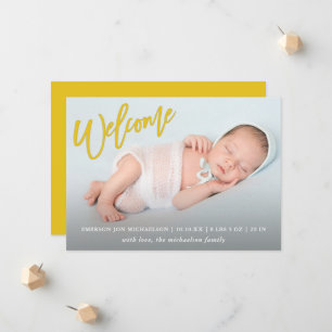 Trendy Yellow Welcome Script with Photo Baby Birth Announcement