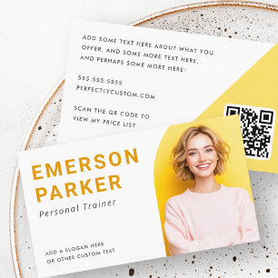 Trendy yellow white half arch photo QR code Business Card