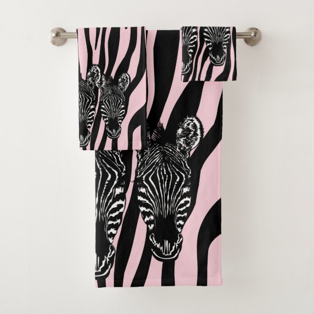 Trendy Zebra Herd on Zebra Print Pink Bath Towel Set (Insitu)